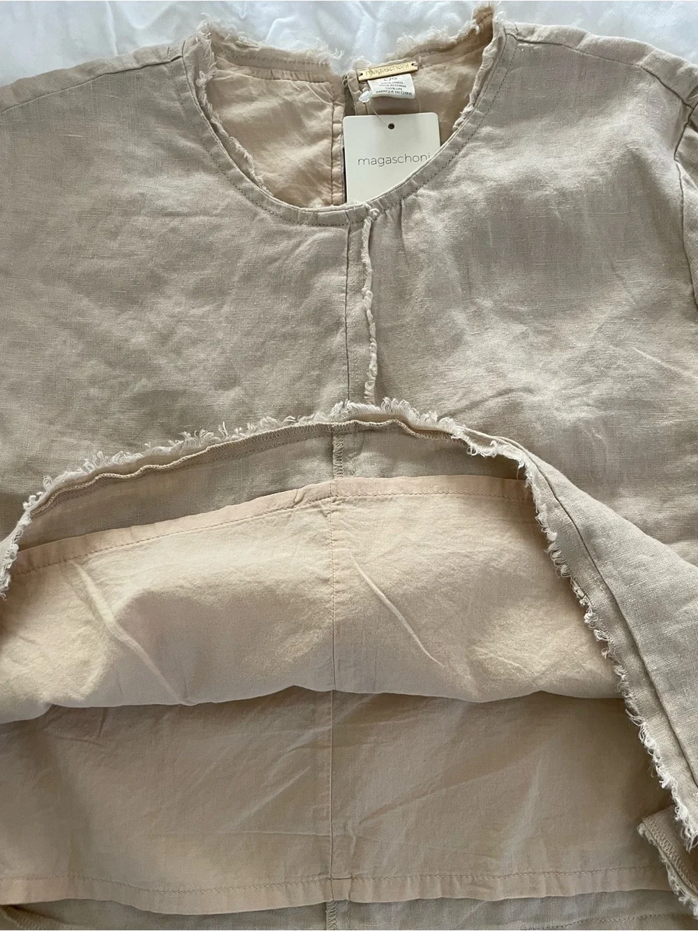 Magaschoni Pure Linen Cropped Short Sleeve Crew Neck Lined Shirt Top Tan NWT